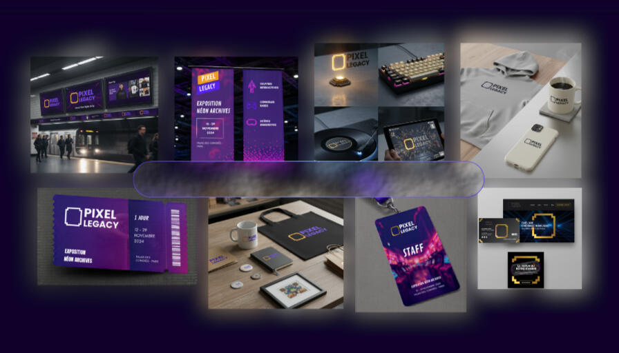 Branding Pixel Legacy Présentation de mockups branding premium avec packaging, identité visuelle et supports marketing pour marque innovante.