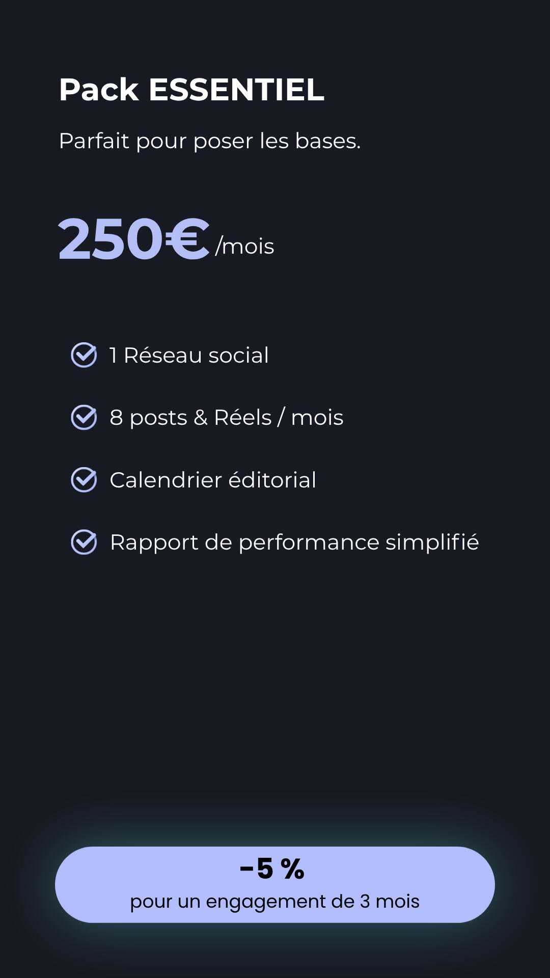 Pack ESSENTIEL - PLB Earendil Présentation du Pack ESSENTIEL de community management à 450€ par mois, incluant la gestion d'un réseau social, 8 posts et Réels mensuels, un calendrier éditorial et un rapport de performance simplifié.